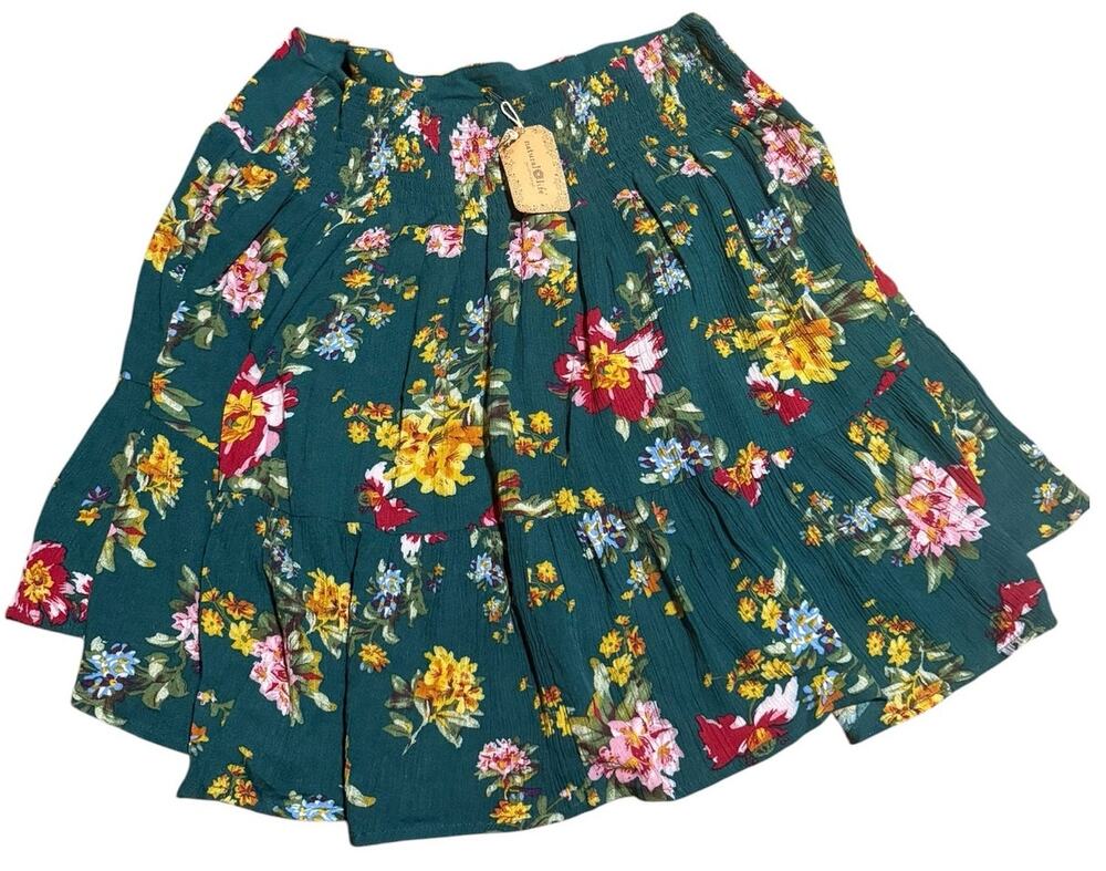 Natural Life Teal Floral  Mini Skirt, Teal Green Boho Flowy, Women's Large, NWT